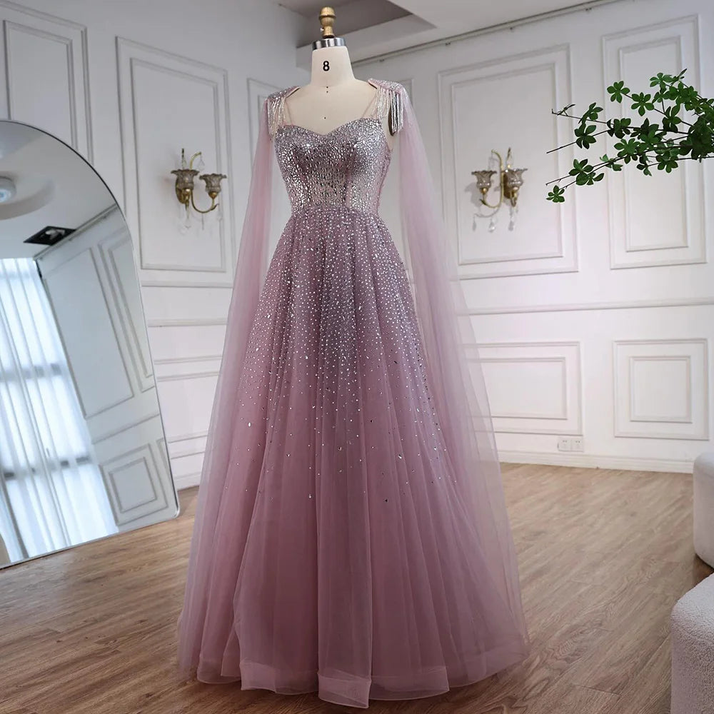 Luxury Pink Tulle Beaded A-Line Evening Dress with Cape Sleeves LA73072