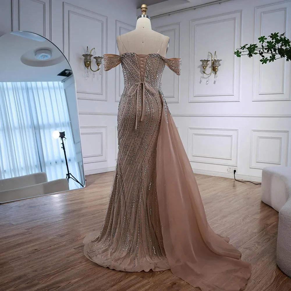Luxury Nude Beaded Mermaid Evening Dress with Overskirt LA72911