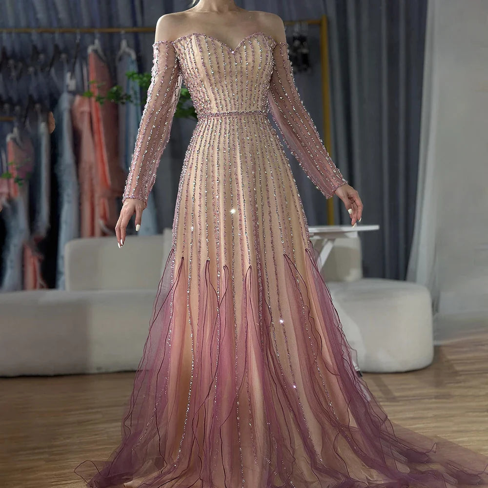 Luxury Dubai Arabic Purple Elegant A-Line Beaded Long Evening Dresses Gowns for Formal Occasion LA72752