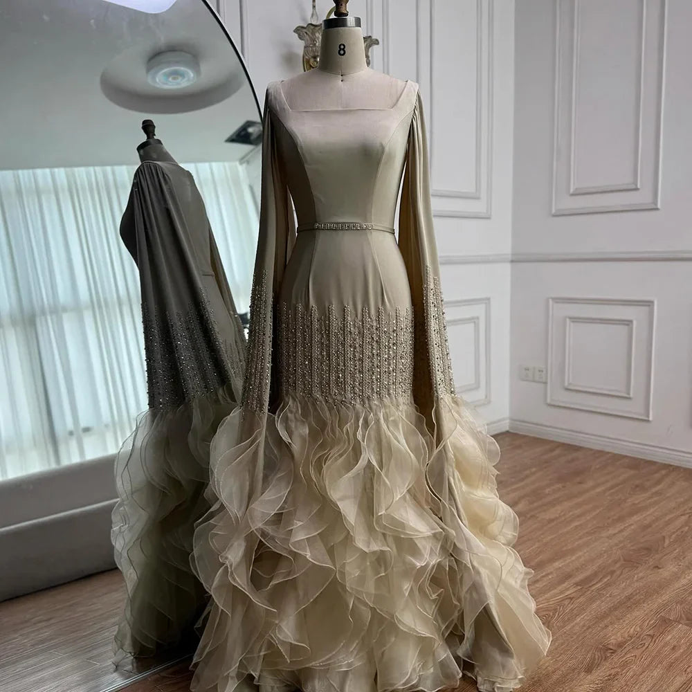 Elegant Nude Beaded Evening Dress with Cape Sleeves LA72317C
