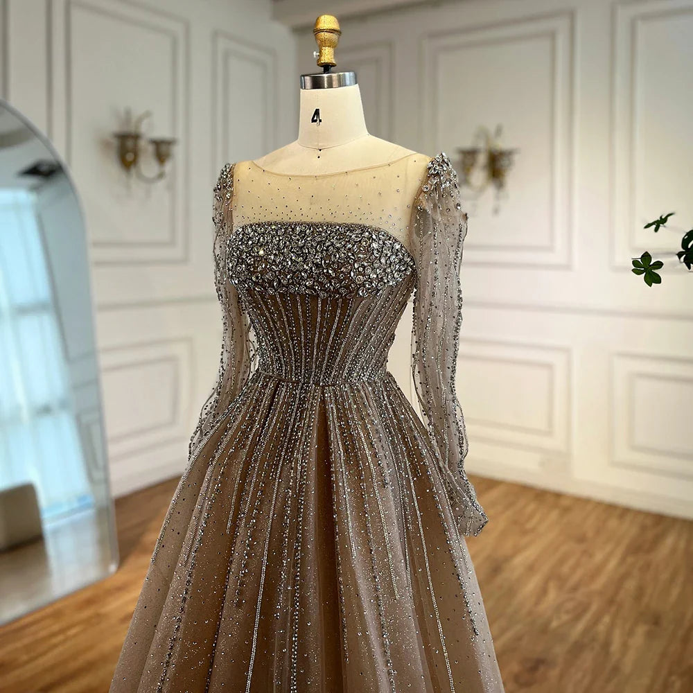 Luxury Caramel Sparkly A-Line Evening Dress with Long Sleeves LA72991