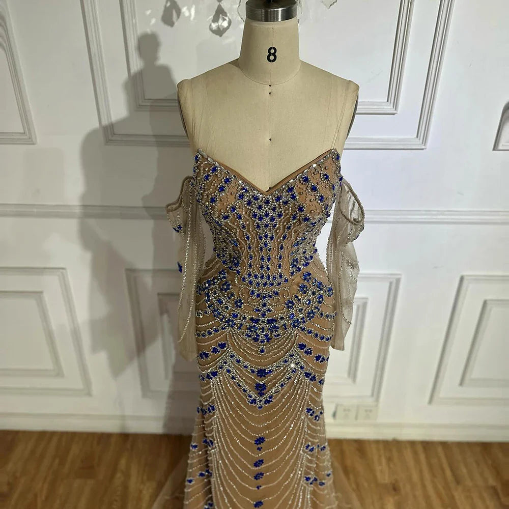 Luxury Blue Beaded Mermaid Evening Dress LA72858