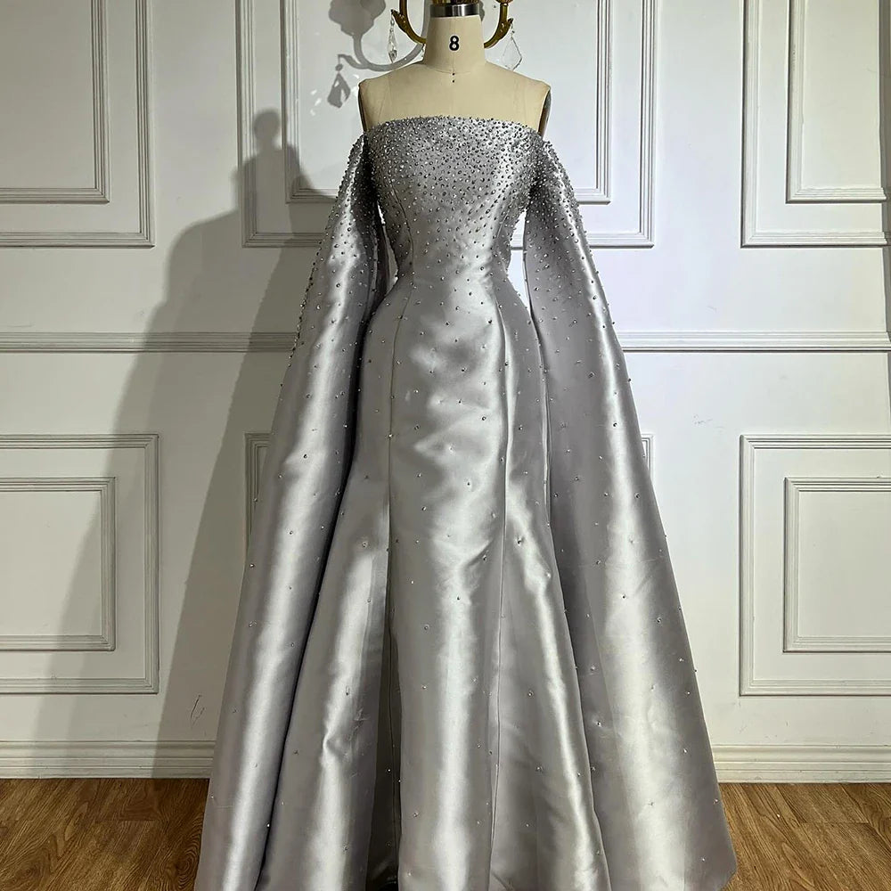 Luxury Dubai Luxury Off Shoulder A Line Gray Satin Evening Gown Pearl Beaded for Formal Occasion LA72779