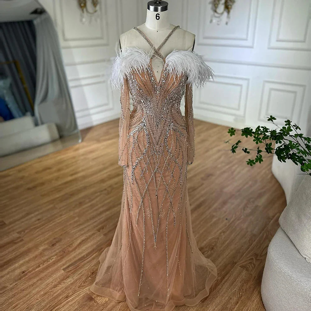 Luxury Dubai Blue Feather Beaded Luxury Mermaid Evening Dresses Gowns for Women Formal Occasion LA72836