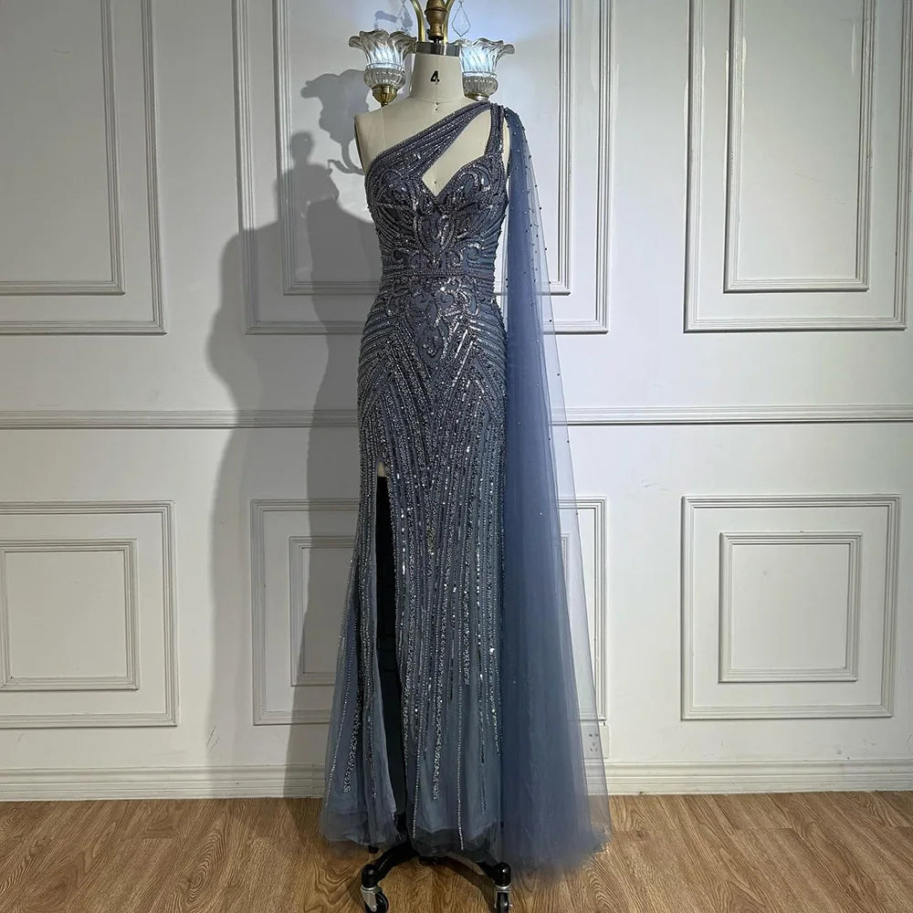 Luxury Caramel Beaded Mermaid Evening Dress with One Shoulder Cape LA73085