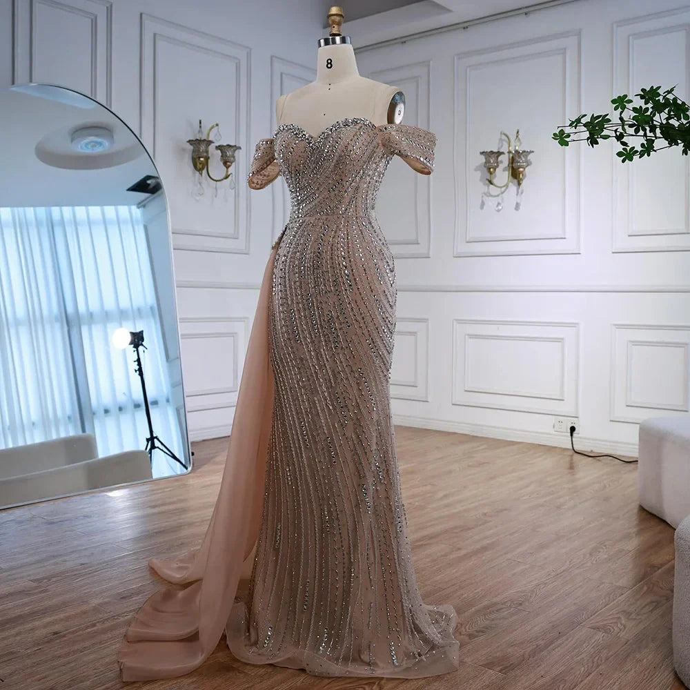 Luxury Nude Beaded Mermaid Evening Dress with Overskirt LA72911