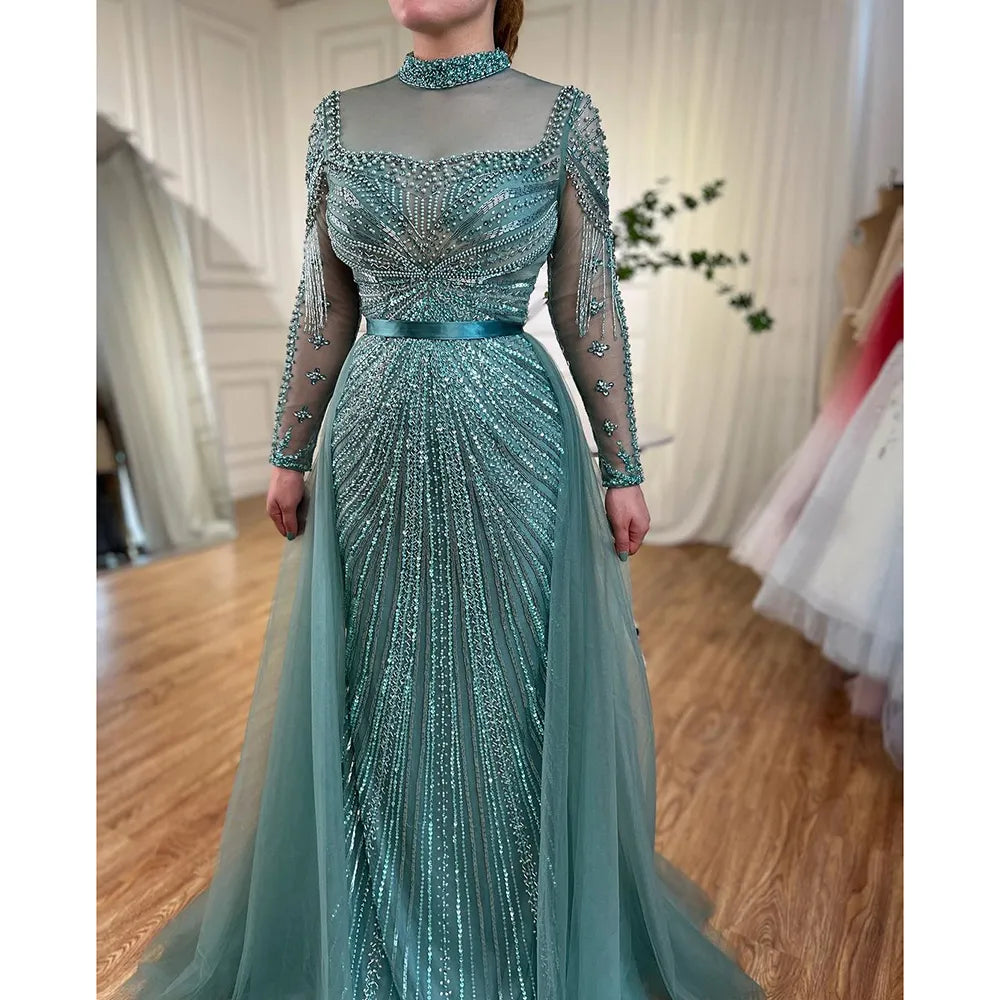 Luxury Nude Modest Beaded Tassel Mermaid Evening Dress LA71533