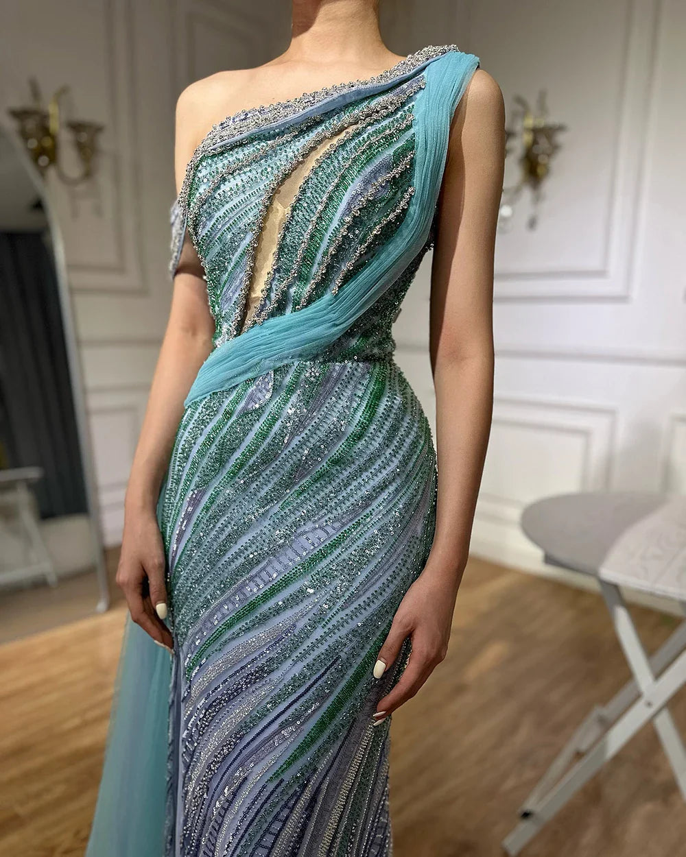 Luxury Dubai Arabic One-Shoulder High Split Blue Mermaid Gown Luxury Beaded Saudi Evening Dress for Formal Occasion LA72718