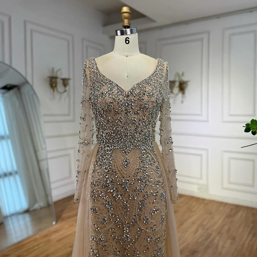 Luxury Nude Beaded Mermaid Evening Dress with Overskirt LA73042A