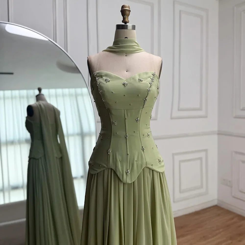 Classy Sage Green Strapless A-Line Chiffon Evening Dress LA73073
