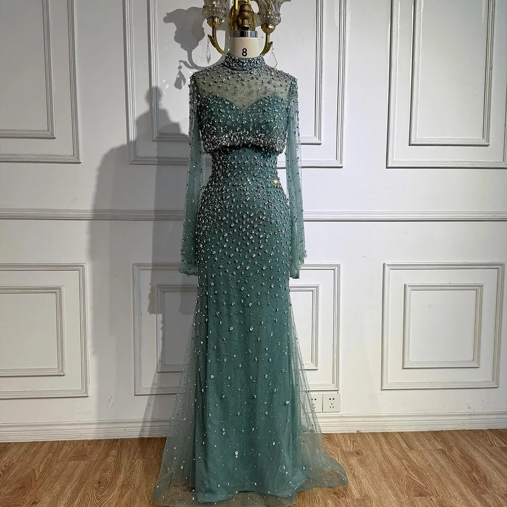 Luxury Turquoise Two Pieces Beaded Mermaid Evening Dress with Detachable Top LA73095