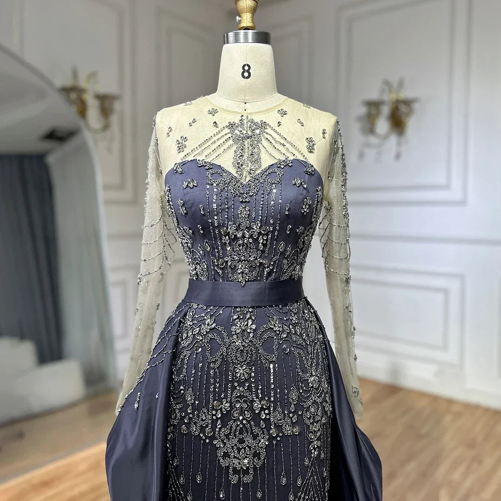 Luxury Dubai Blue Crystal Beaded Evening Dress with Overskirt LA72757