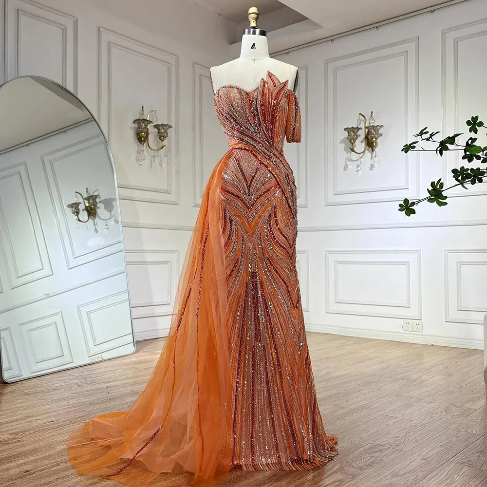 Luxury Dubai Arabic Blue One Shoulder Luxury Dubai Evening Gown with Side Overskirt Beaded Dress for Women's Party LA72662