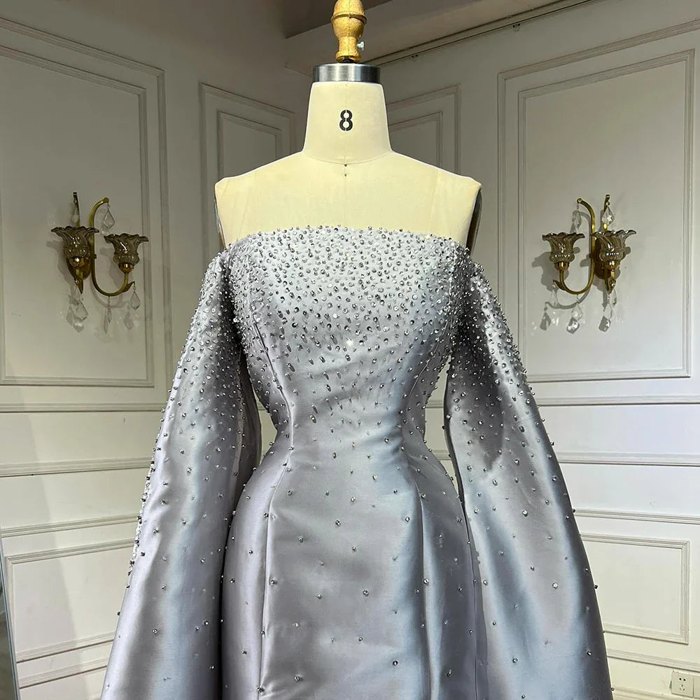 Luxury Dubai Luxury Off Shoulder A Line Gray Satin Evening Gown Pearl Beaded for Formal Occasion LA72779