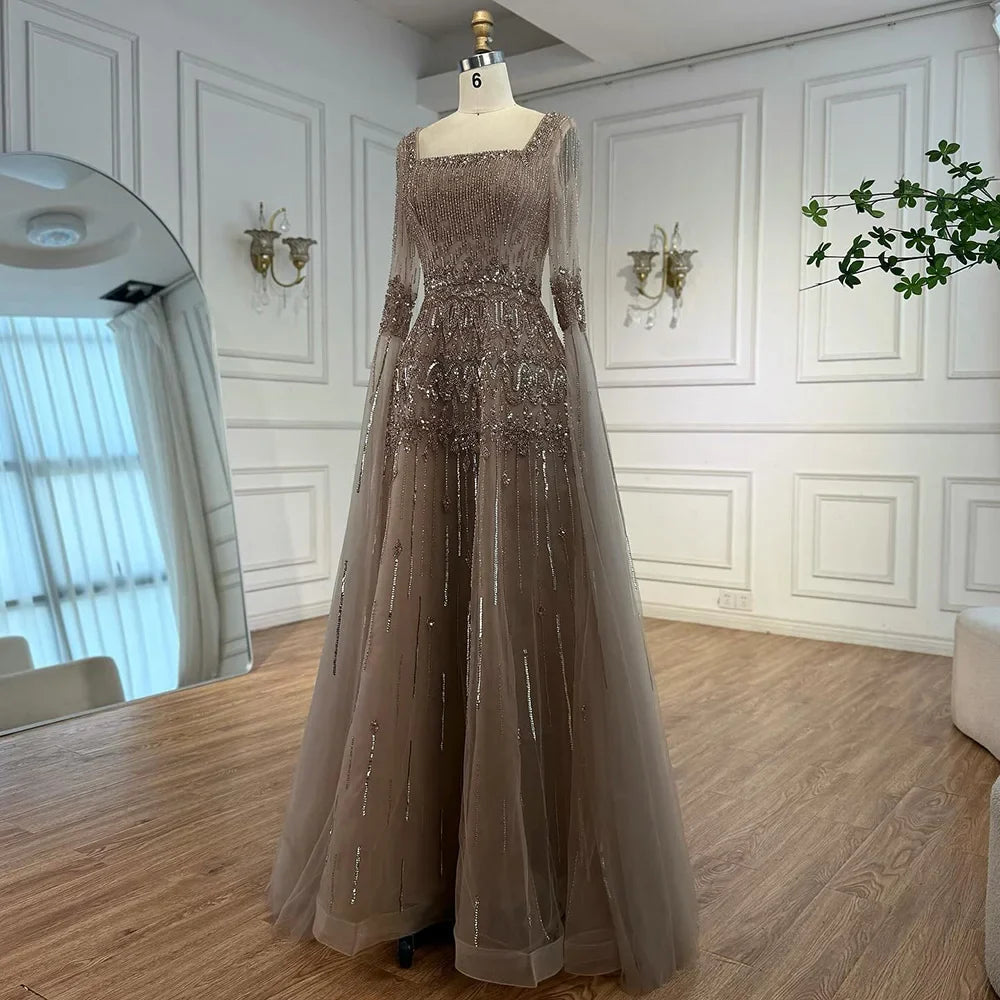 Luxury Green A-LineBeaded Evening Dress with Cape Sleeves LA73089