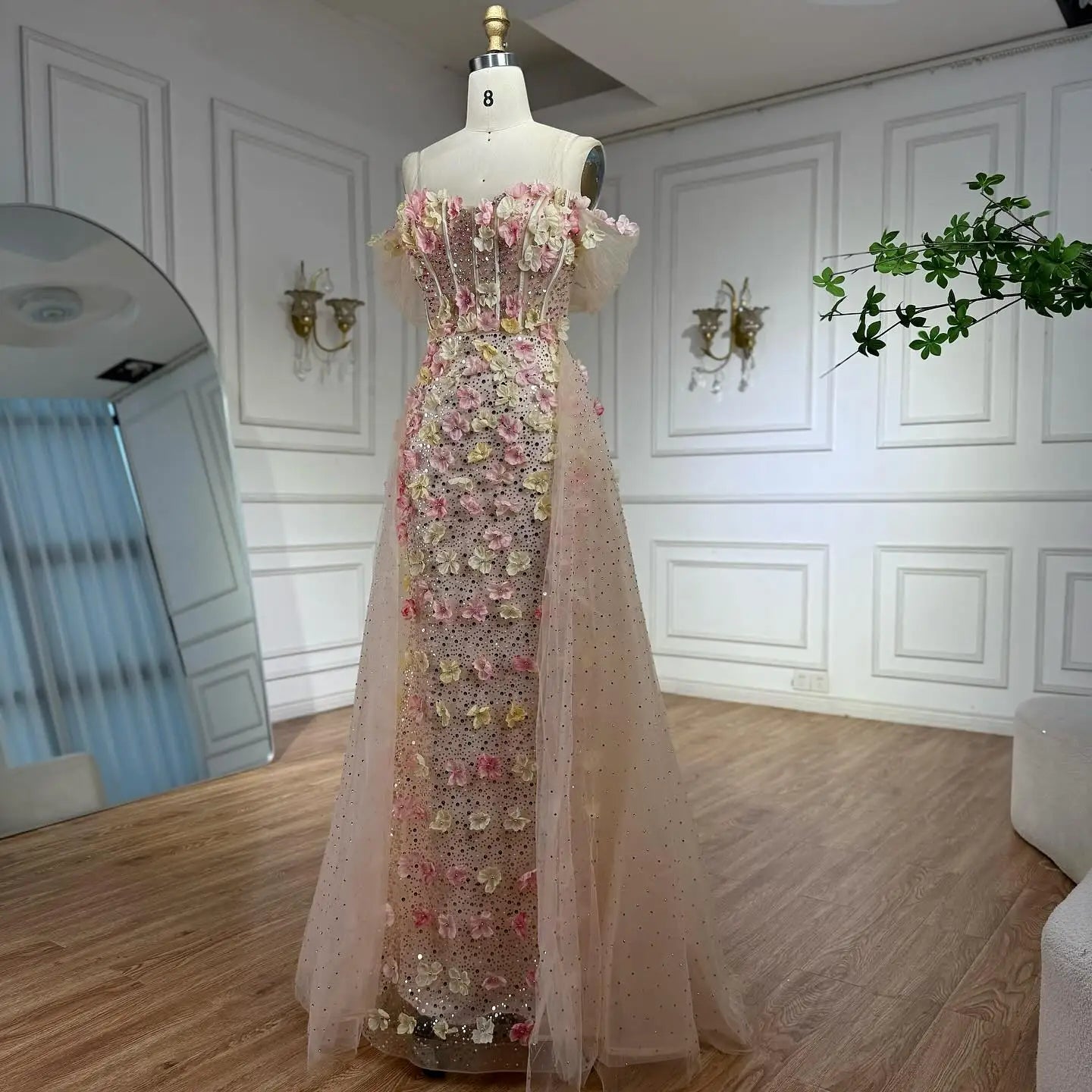 Luxury Dubai Nude Floral Beaded Off Shoulder Corset Evening Gown With Overskirt for Formal Occasion LA72861