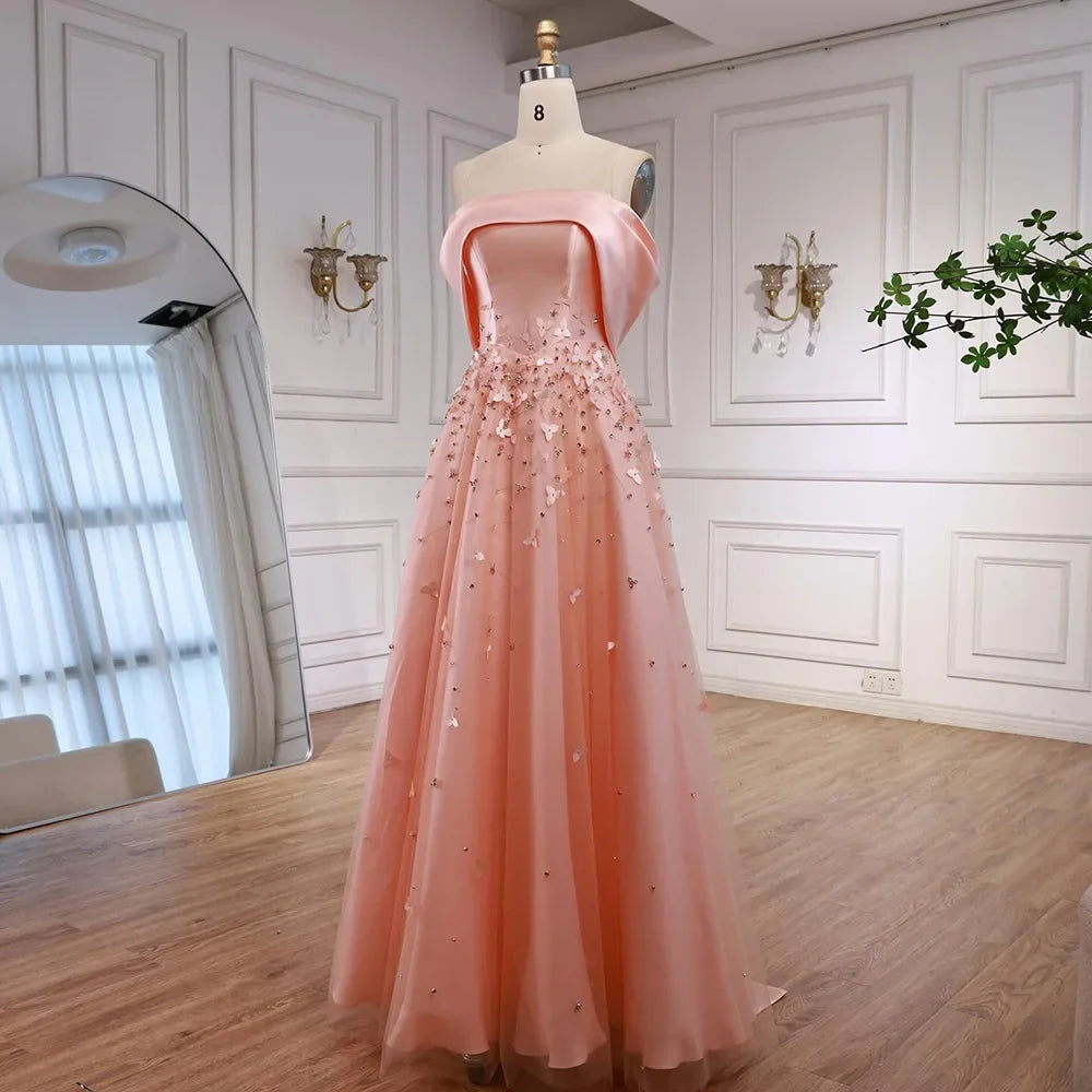 Arabia Peach Off the Shoulder A Line Satin Appliques Evening Dress Gown LA72830