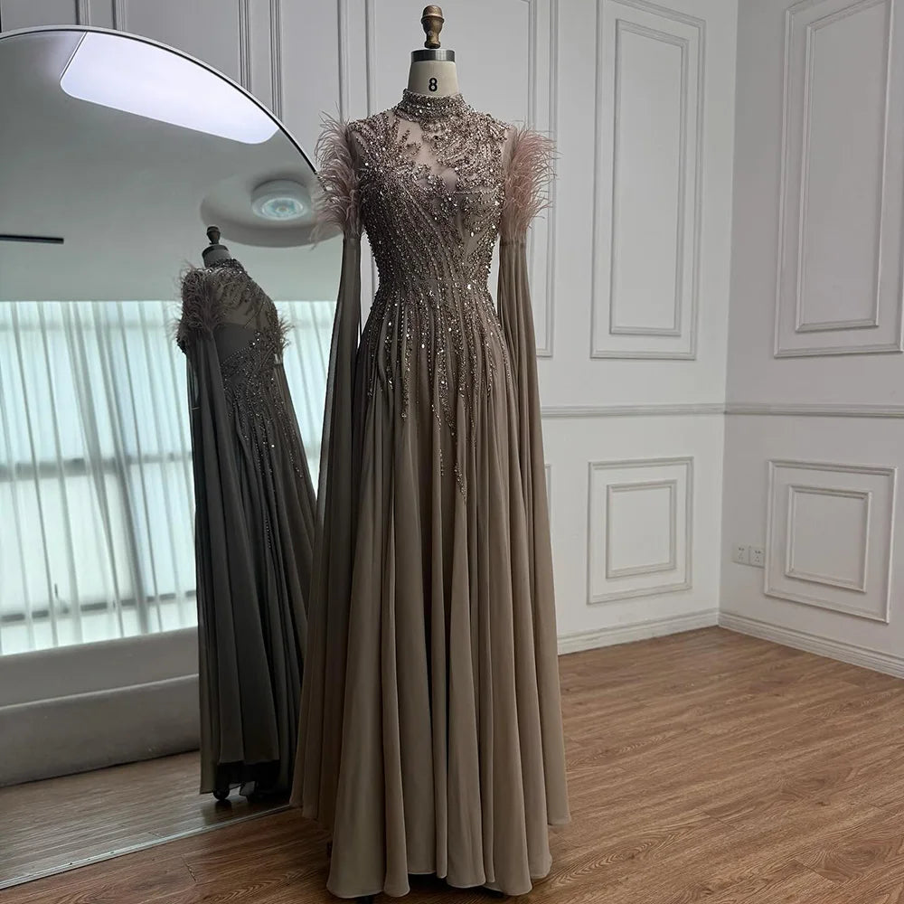 Luxury Pink Feather Beaded Evening Dress with Long Cape Sleeves LA72982