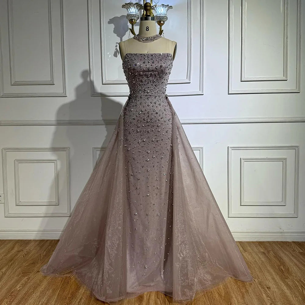 Luxury Arabic Pink Beaded Mermaid Evening Dress with Overskirt LA73084