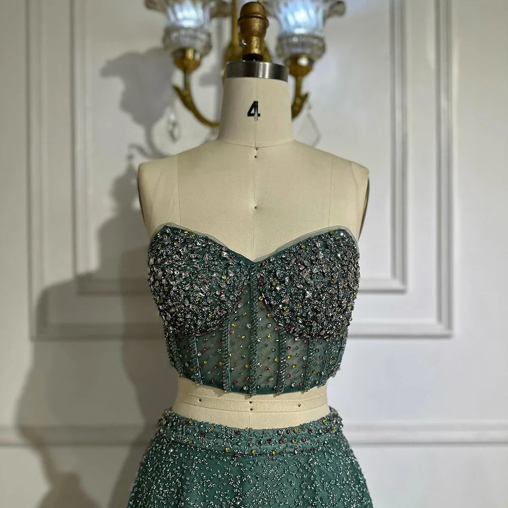 Luxury Dubai Customize Saudi Turquoise Two-Piece Evening Dress with High Split for Formal Occasion LA72786