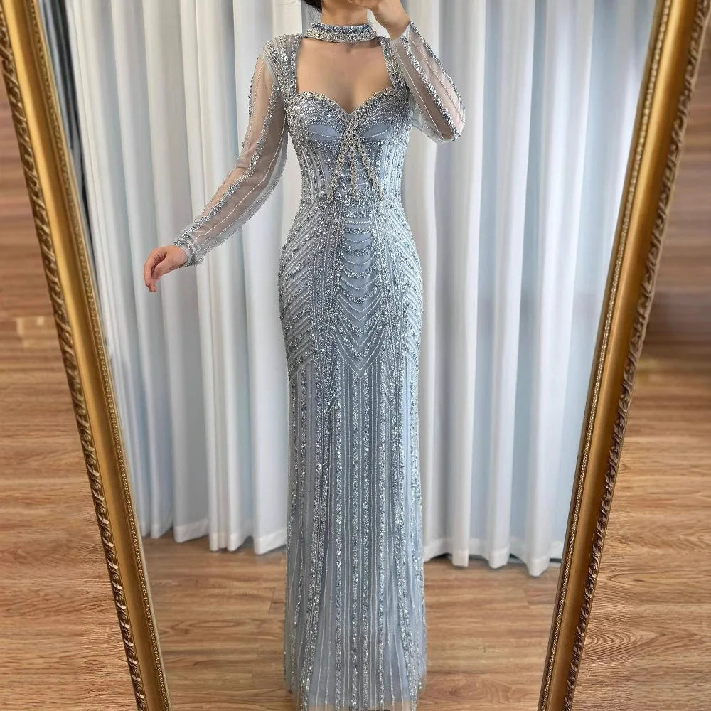 Caramel Beaded Mermaid Evening Dress with Long Sleeves LA72560B