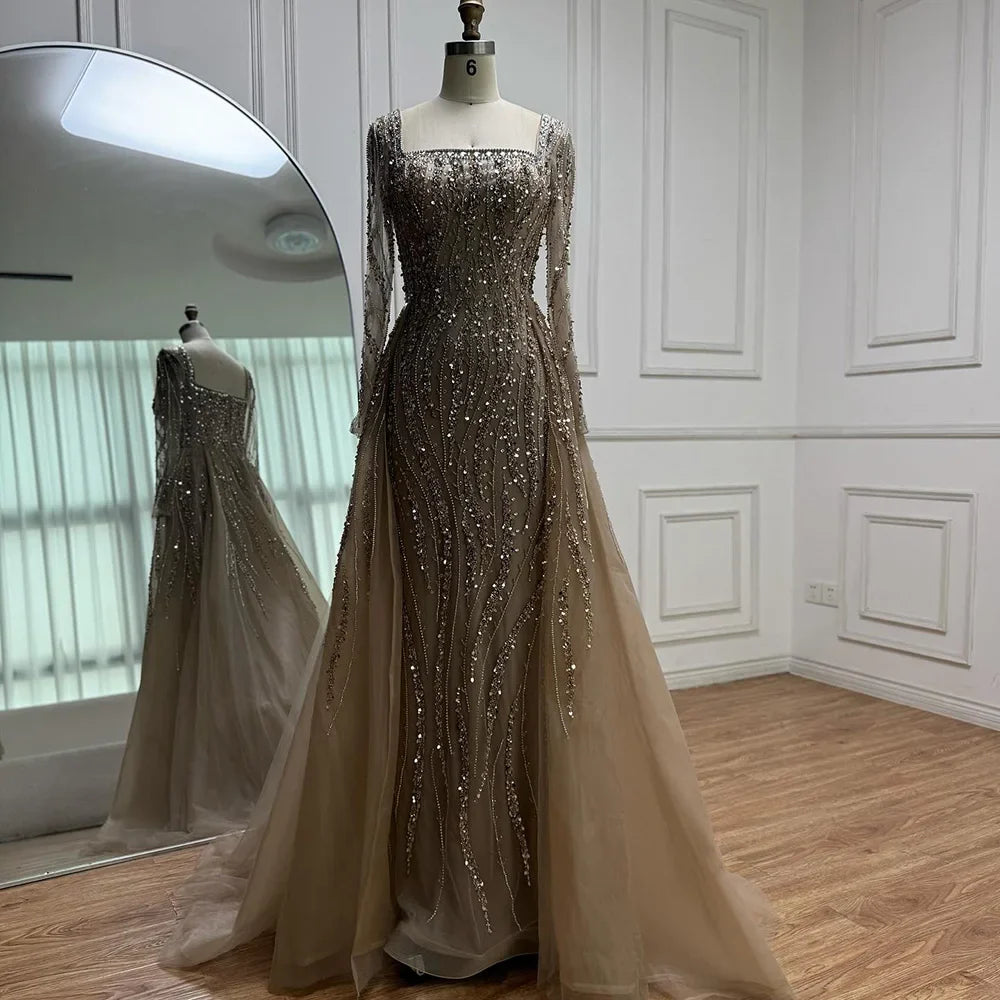Luxury Arabic Caramel Beaded Mermaid Evening Dress with Overskirt LA72710A