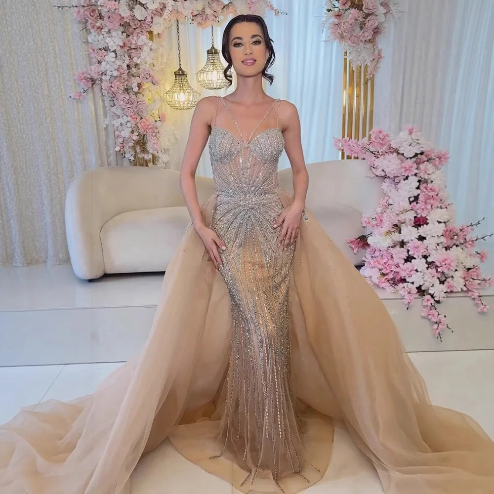 Nude Strapless Beaded Mermaid Evening Dress with Overskirt LA73090