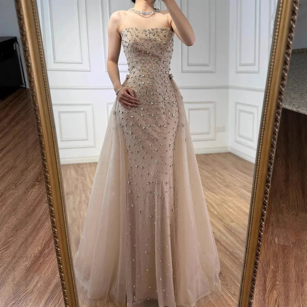 Luxury Arabic Pink Beaded Mermaid Evening Dress with Overskirt LA73084