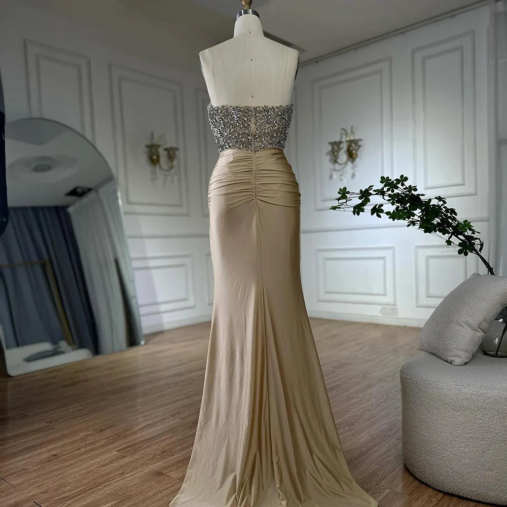 Luxury Dubai Saudi Arabic Gold Elegant Evening Gown Crystal Beaded Dress for Formal Occasion LA72759