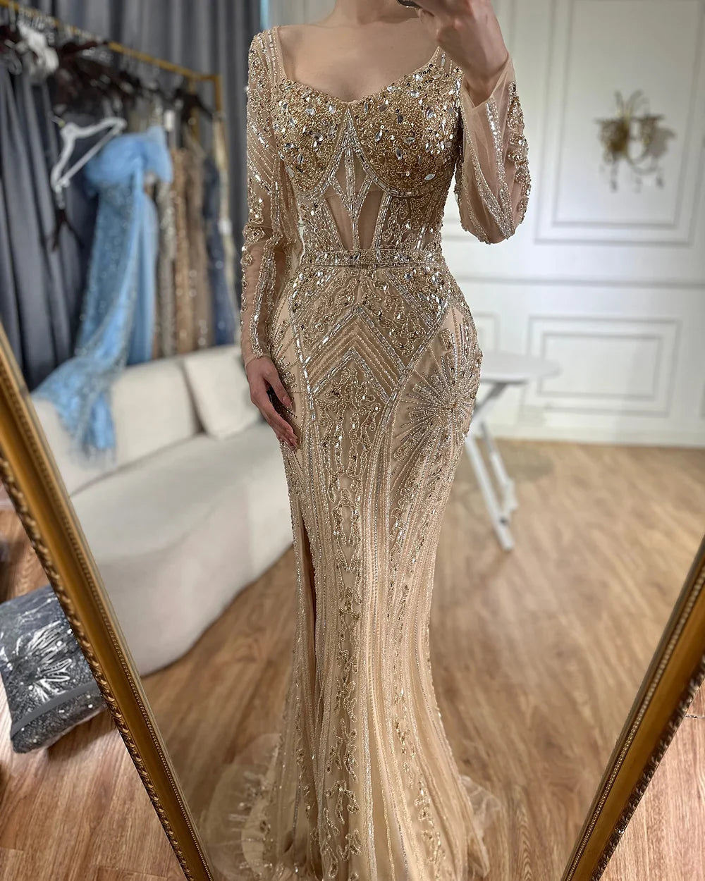 Luxury Dubai Beaded Evening Dress With Long Sleeve LA72518