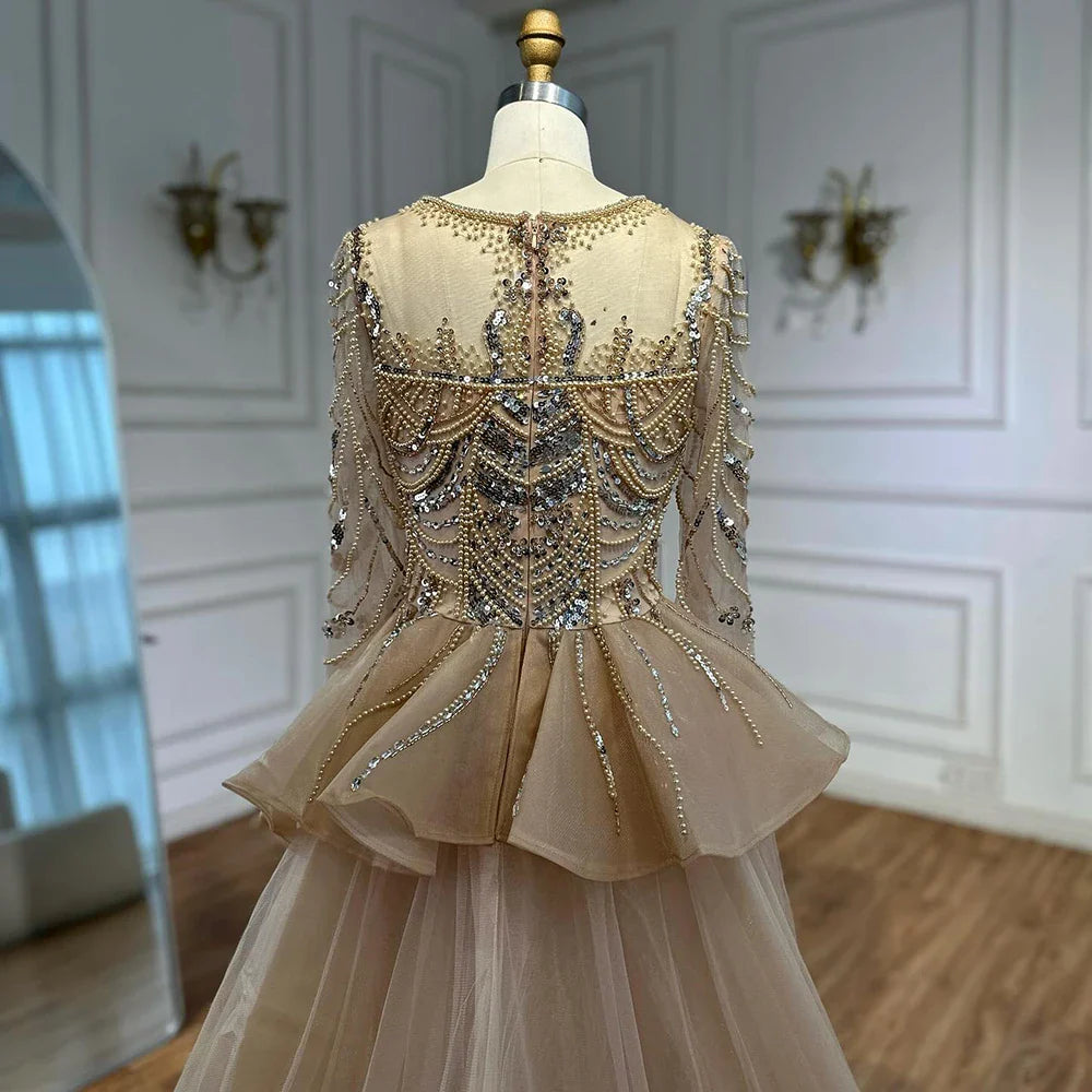 Luxury Arabic Nude Evening Dress Long Sleeve Overskirt LA72971