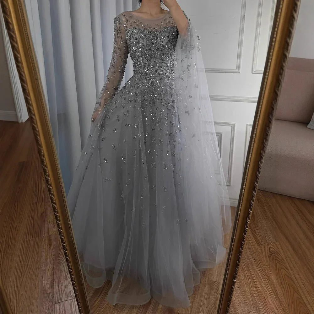 Luxury Beaded Evening Dress With Cape Sleeves LA72965