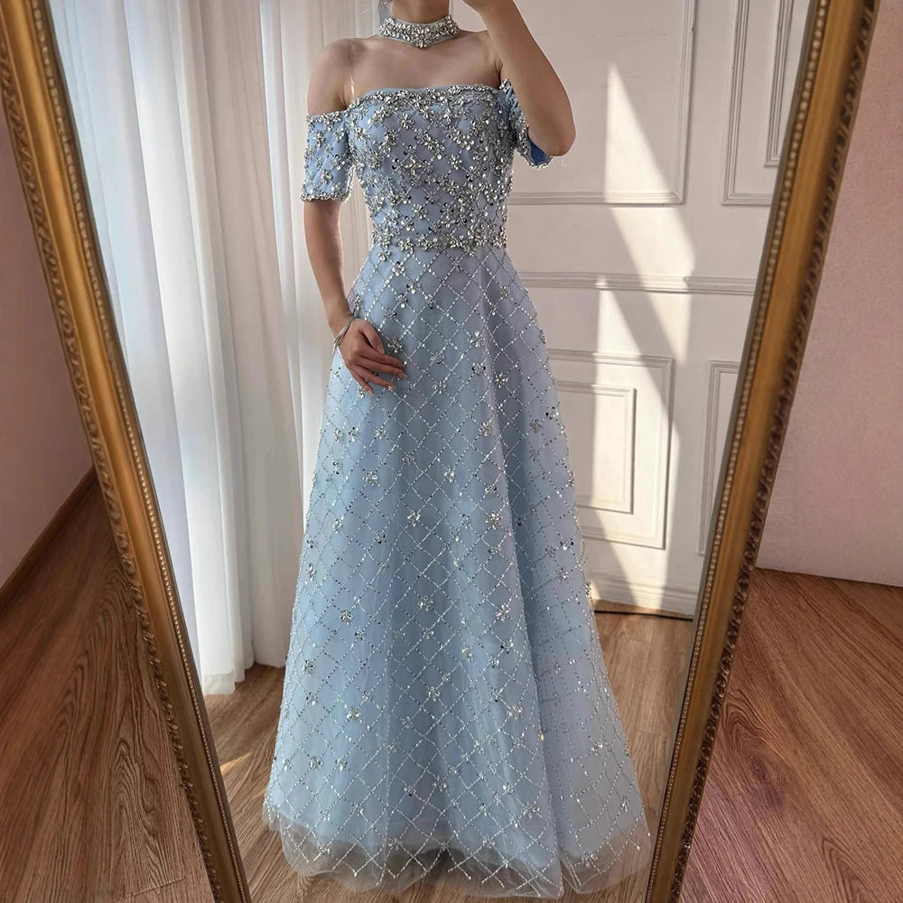 Luxury Nude Sliver Off Shoulder Beaded Crystal A-Line Evening Dress LA73122