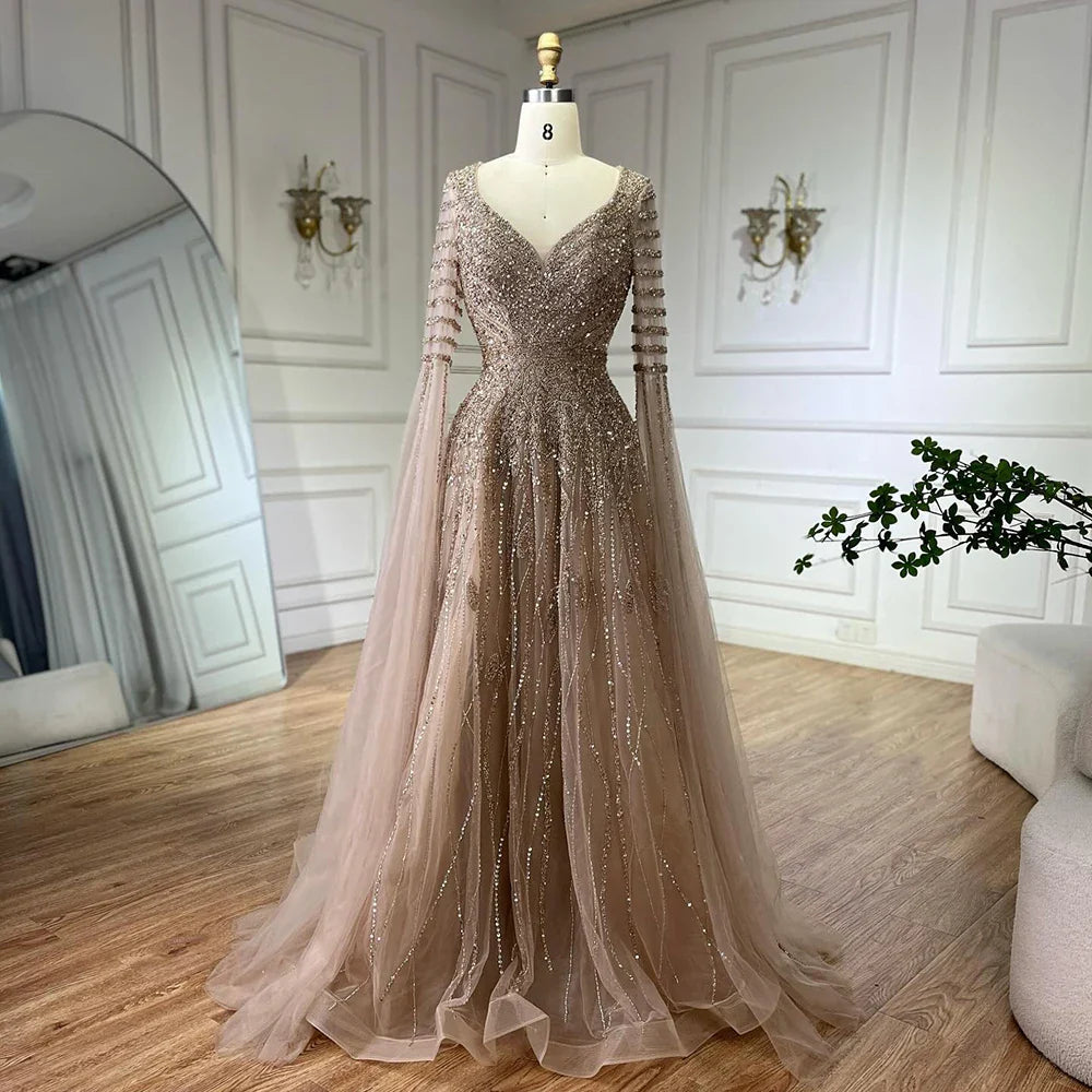 Luxury Dubai Arabic Caramel Elegant A-Line Beaded Long Evening Dresses Gowns with Cape Sleeves for Formal Occasion LA72750