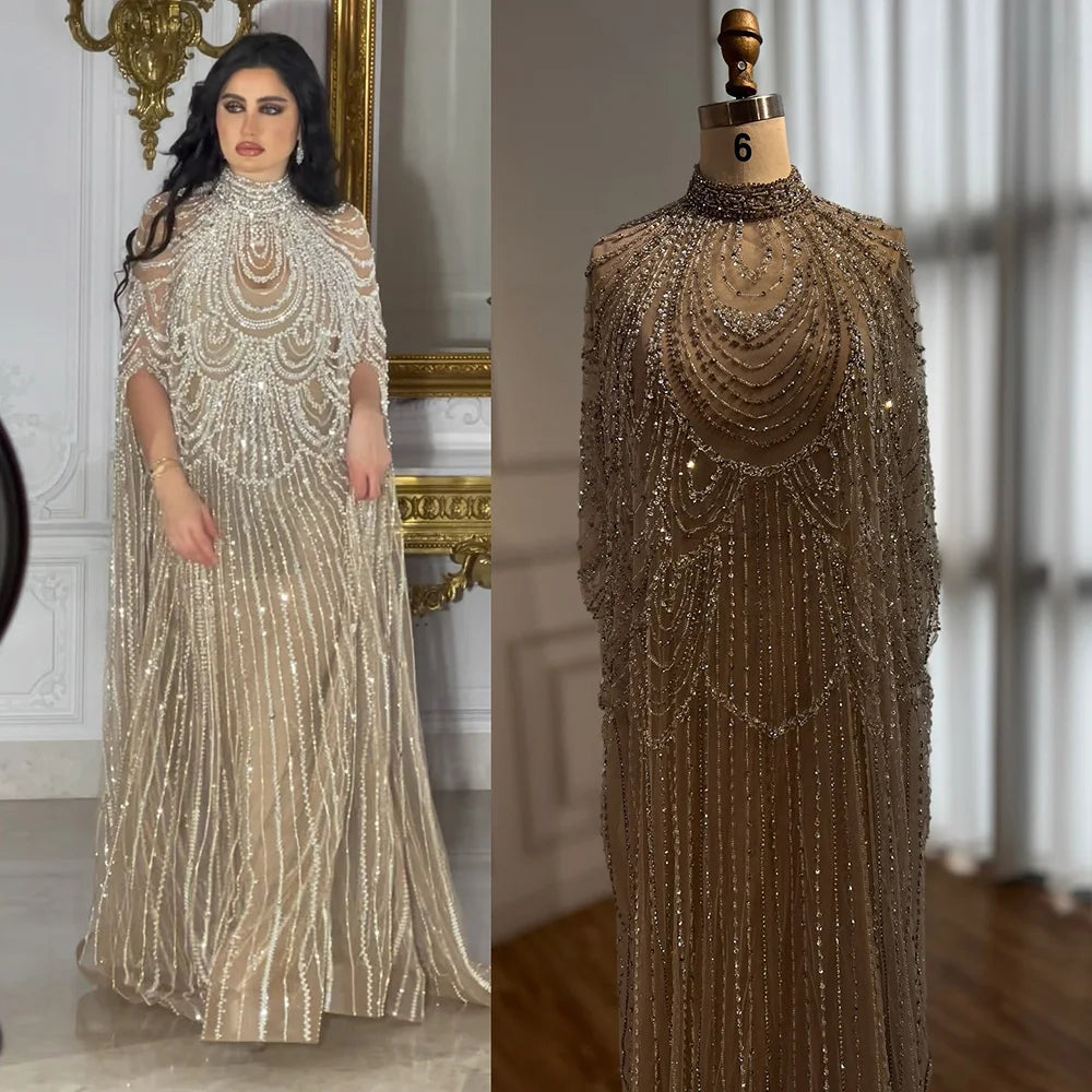 Luxury Silver Nude Beaded Mermaid Evening Dress with Cape LA72484A