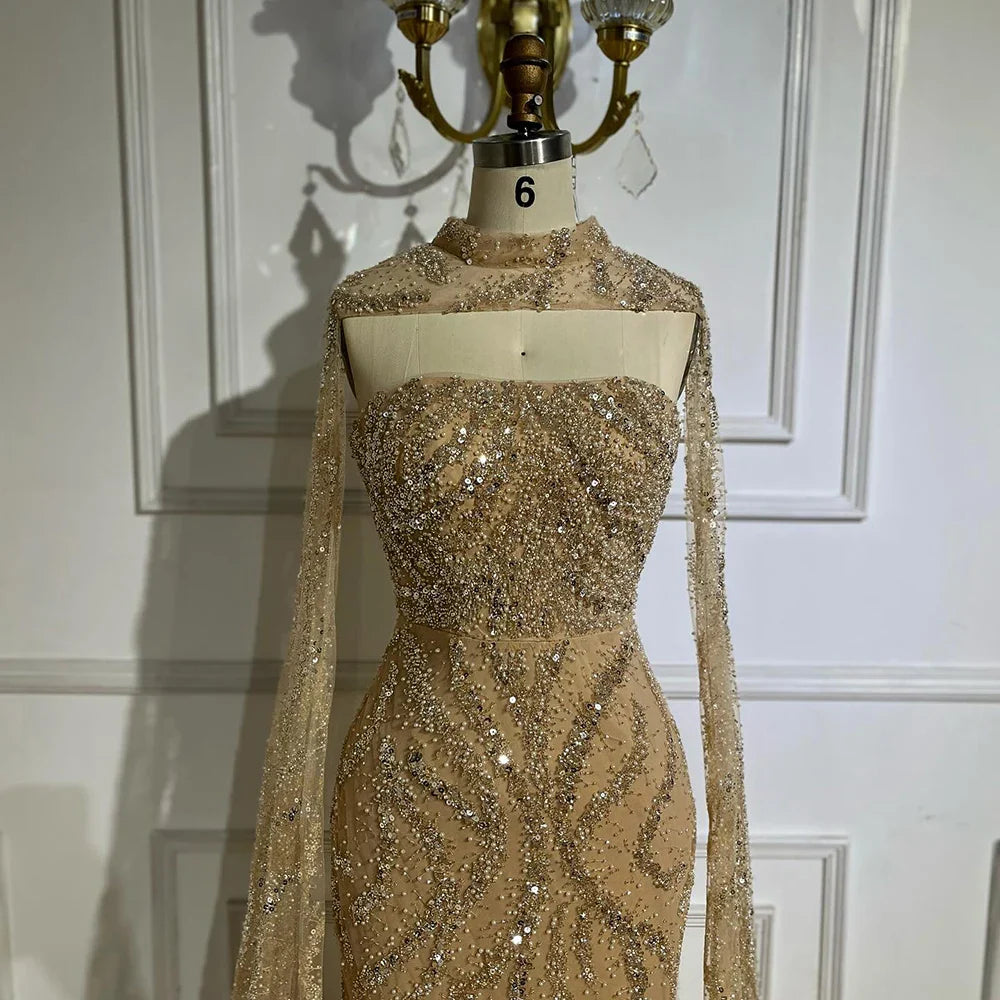 Luxury Nude Beaded Evening Dress with Cape Sleeves LA72824