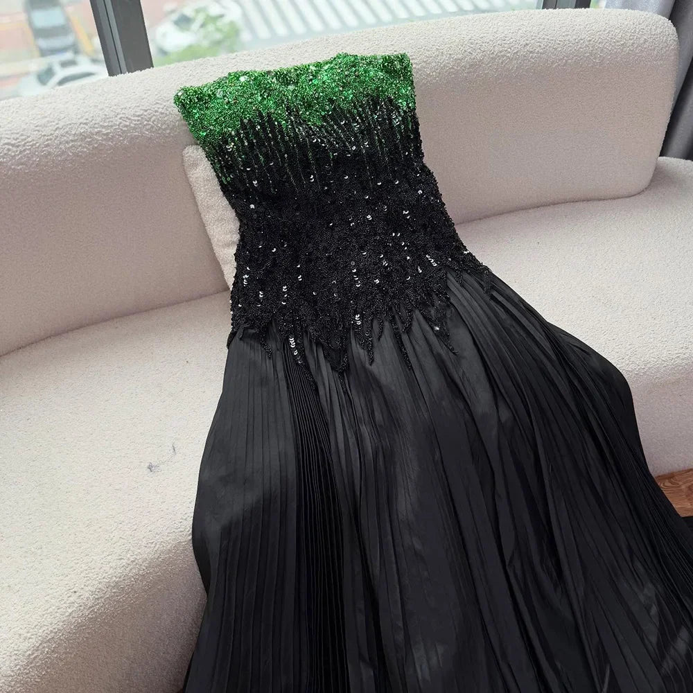 Luxury Beaded Black Green Off Shoulder Dubai Evening Dress for Party LA72406