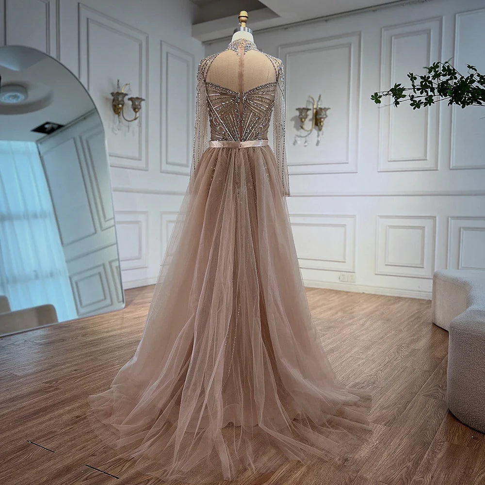 Luxury Nude Modest Beaded Evening Dress Long Sleeves With Overskirt LA72990