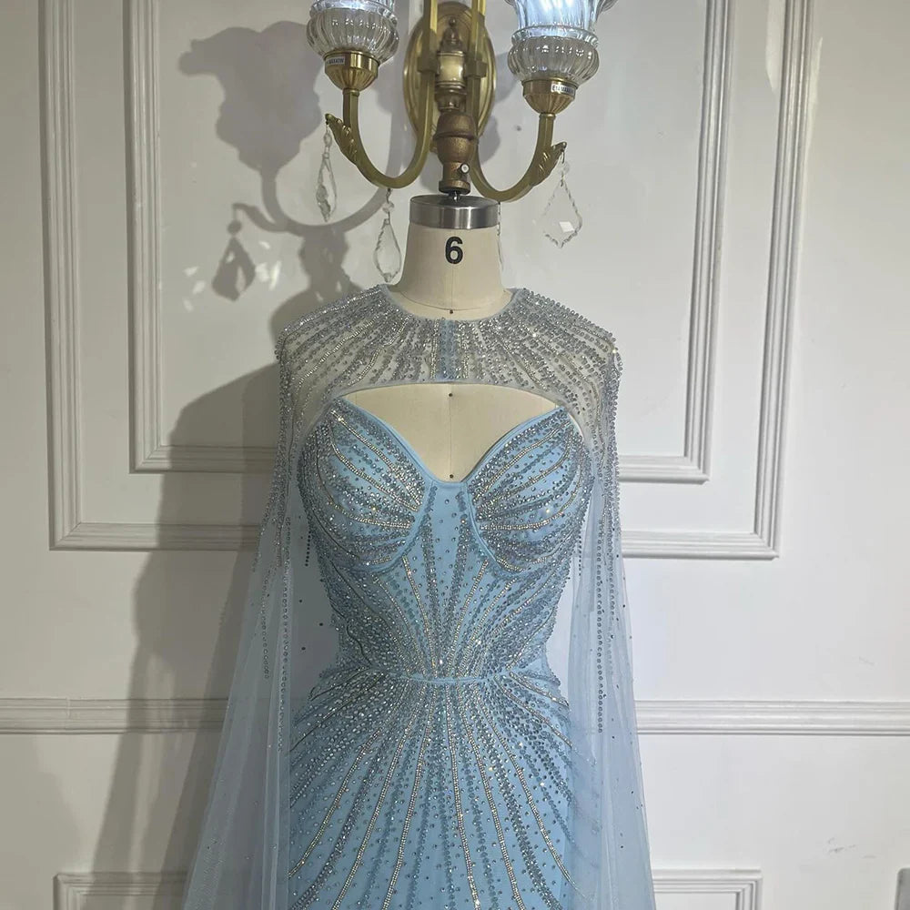 Luxury Dubai Arabic Blue Spaghetti Straps Beaded Evening Gown with Detachable Cape Dress for Formal Occasion LA72784