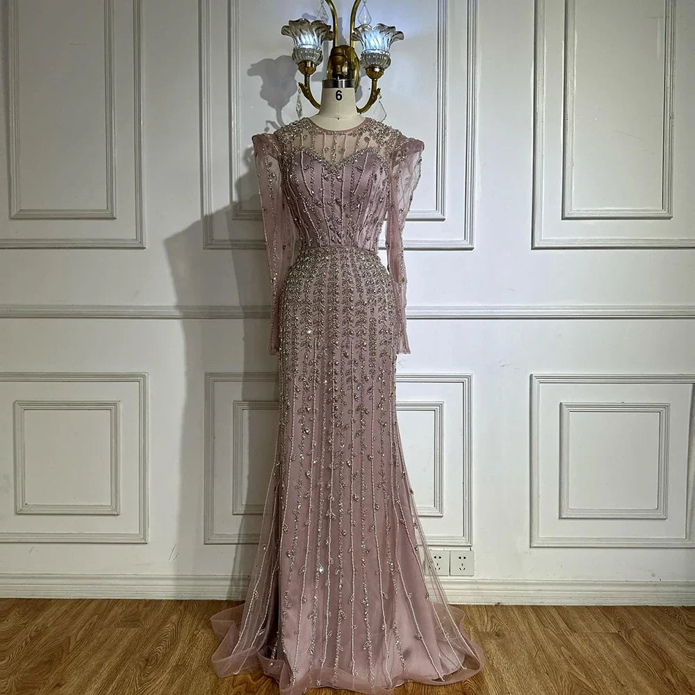 Luxury Dubai Pink Elegant Pearls Beaded Mermaid Evening Dress LA72826
