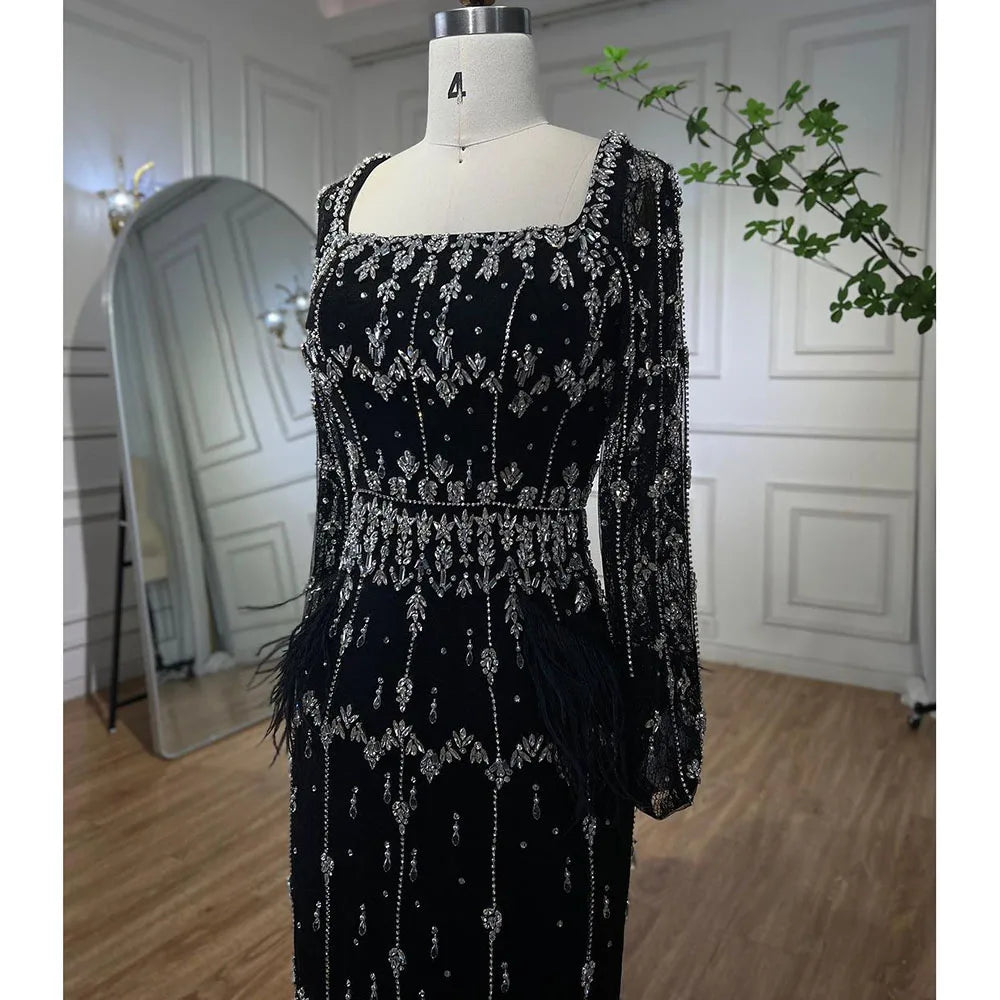 Luxury Black Feathers Midi Evening Dress with Long Sleeve LA71492AM