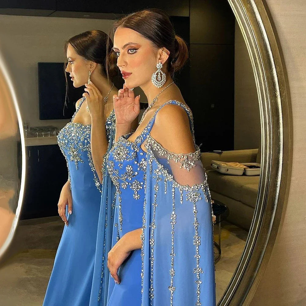 Chic Blue Crystal Evening Dress with Cape Sleeves LA72460