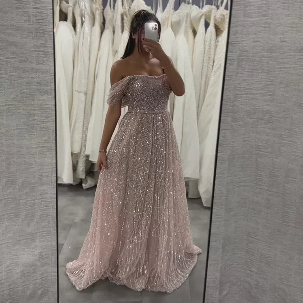 Luxury Nude A-Line Evening Gown with Pearl Beading LA72738A