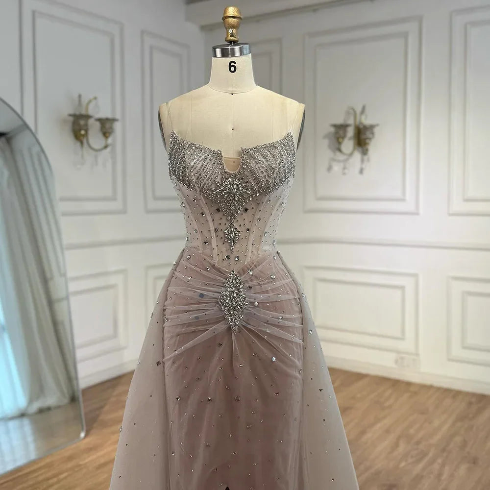 Luxury White Nude Beaded Evening Dress with Overskirt LA73107