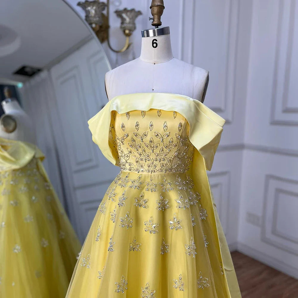 Serene Hill Luxury Dubai Arabic Yellow Elegant Boat Neck Long Evening Dress Beaded Party Gown for Women's Wedding LA72531