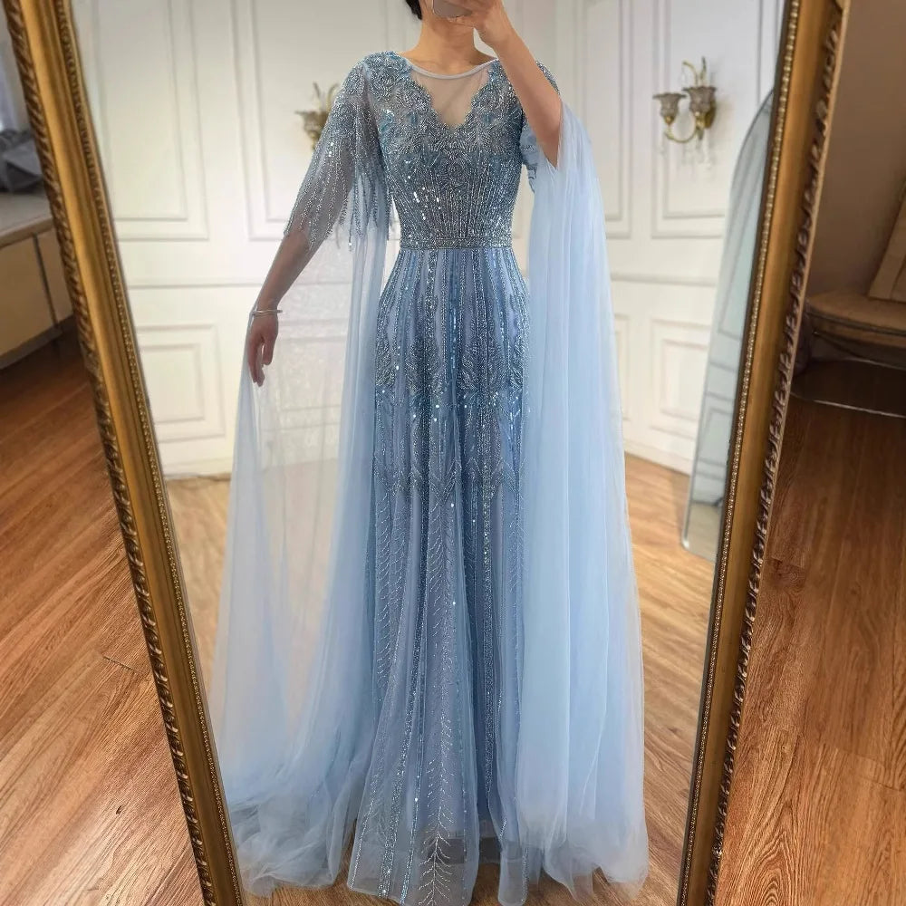 Elegant Beaded A-Line Evening Dress with Cape Sleeves LA73056
