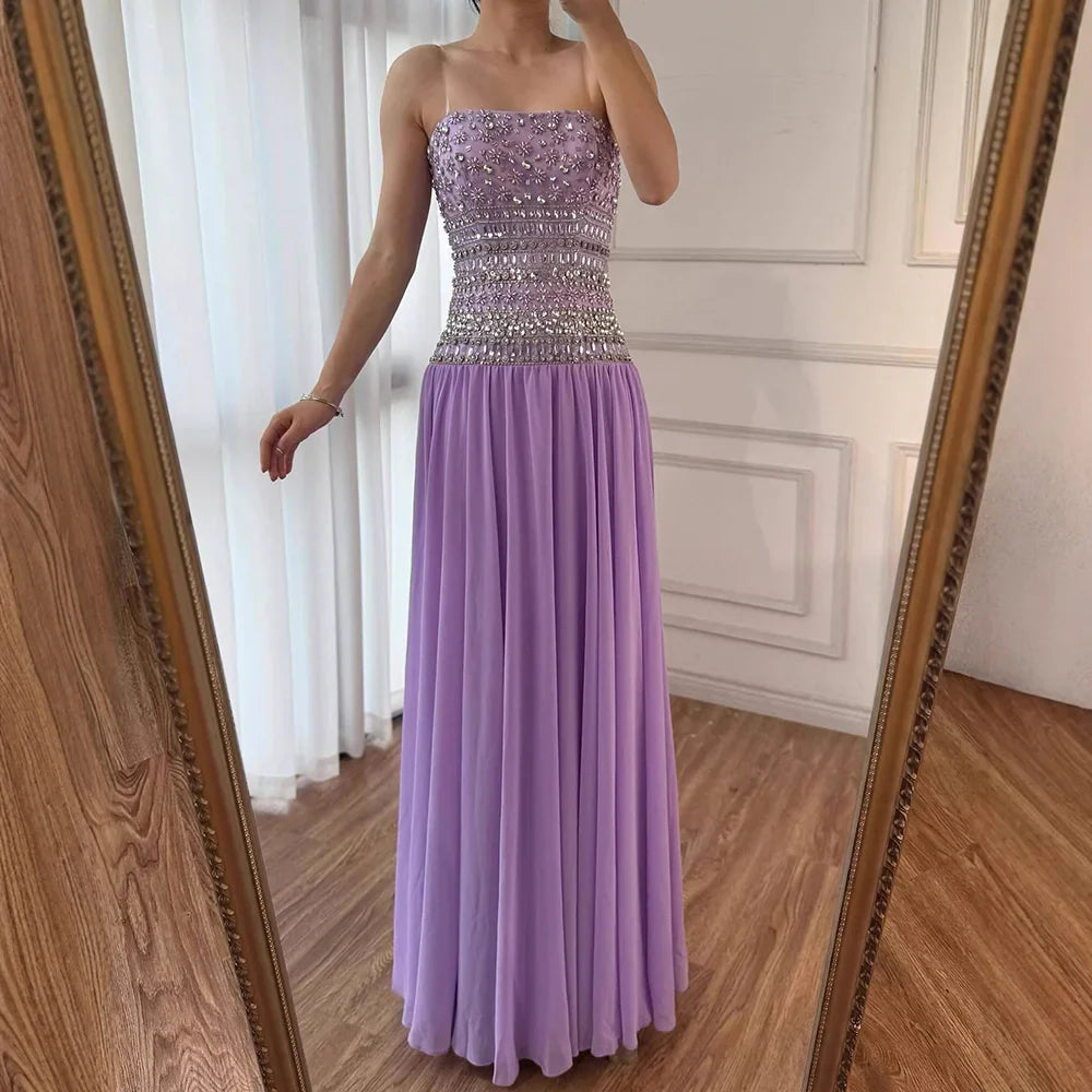 Lilac Strapless Beaded A Line Arabic Evening Dress LA73044