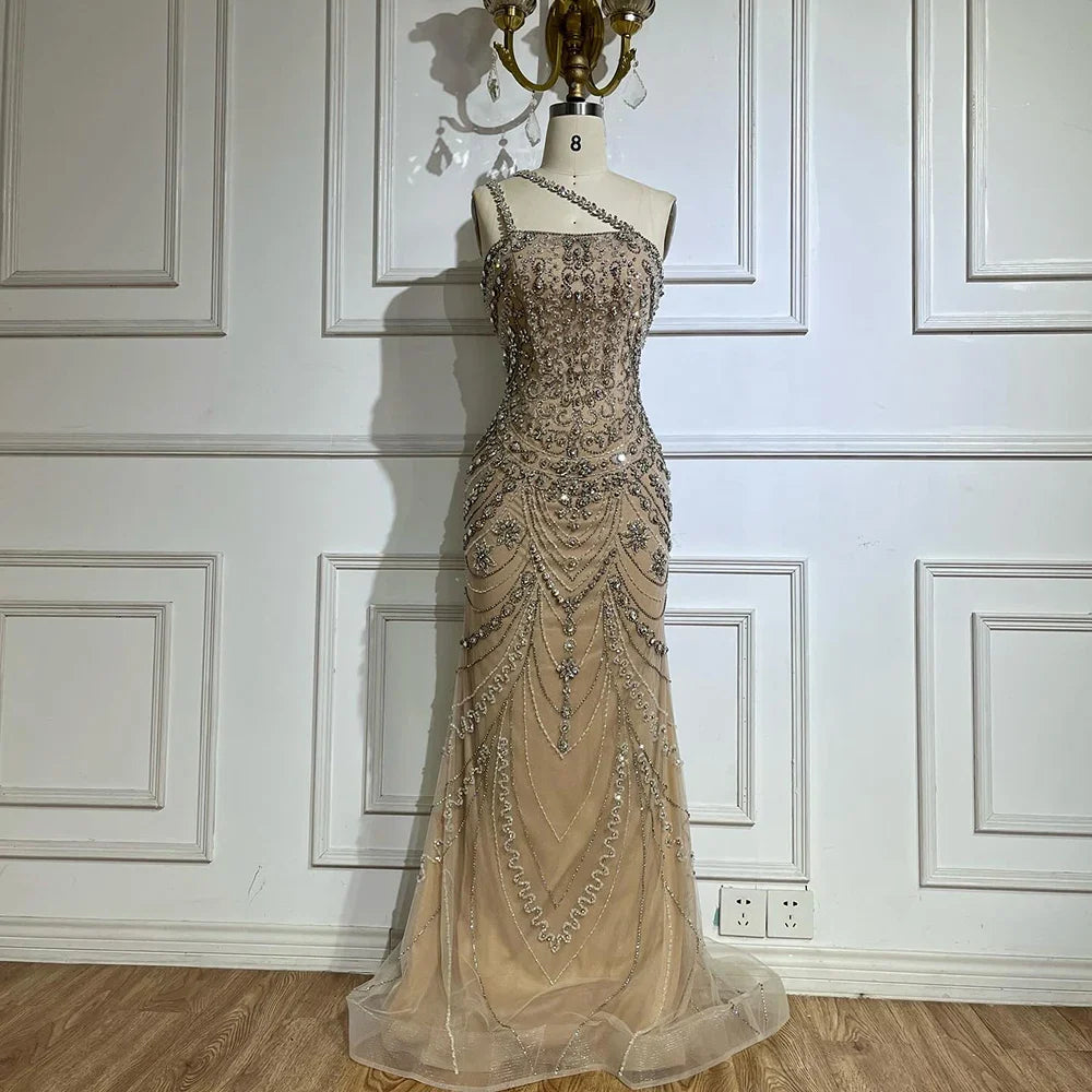 Luxury Dubai Elegant Nude One Shoulder Beaded Evening Dresses Gowns for Formal Occasion LA72791