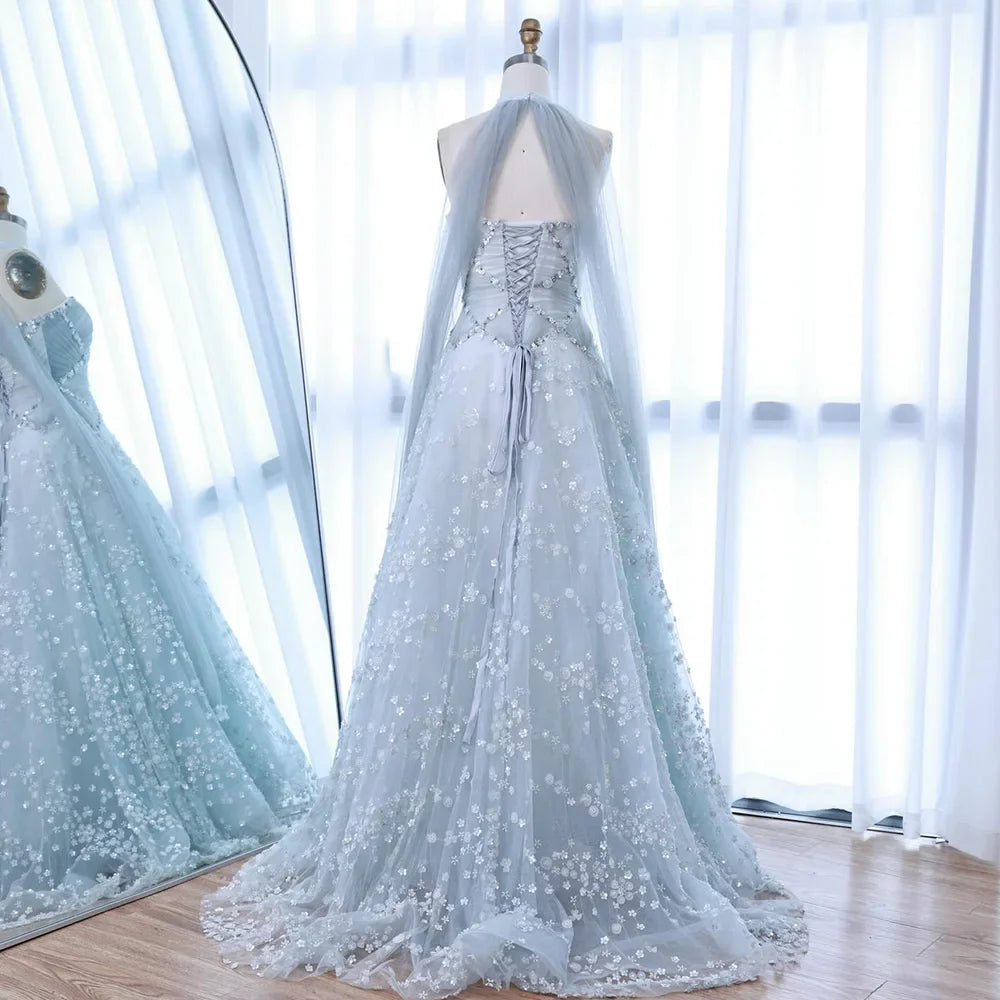 Luxury Dubai Arabic Light Blue Dreamy A-Line Evening Dress LA73099