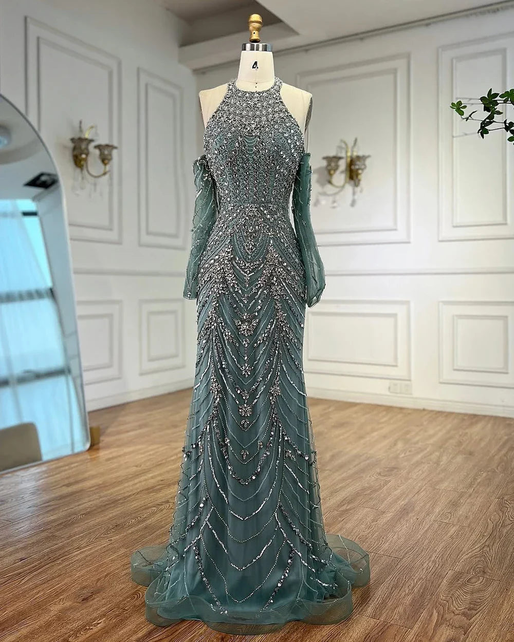 Luxury Turquoise Halter Mermaid Evening Dress LA72980